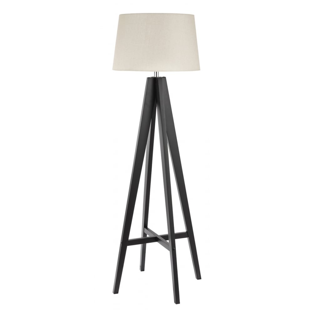 Tripod Dark Wooden Floor Lamp With Cream Linen Shade 3540BR