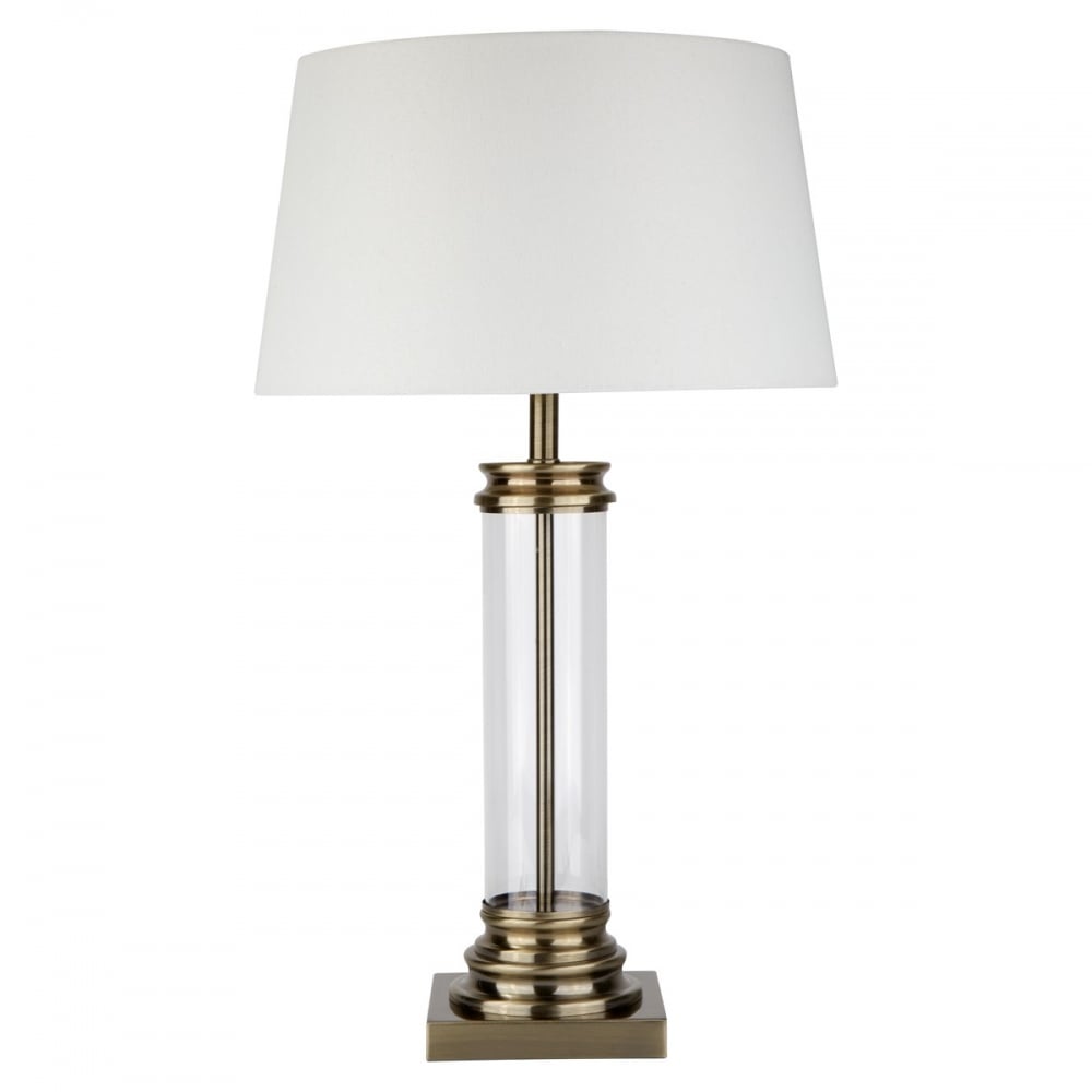 Glass Table Lamp With Antique Brass Detailing And Cream Shade 5141AB