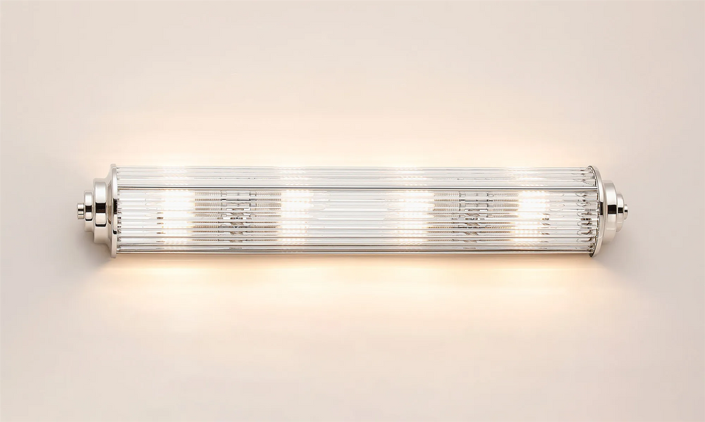 Pillar 4 Light Bathroom Wall Light In Polished Nickel And Clear Glass Rods IP44 G9