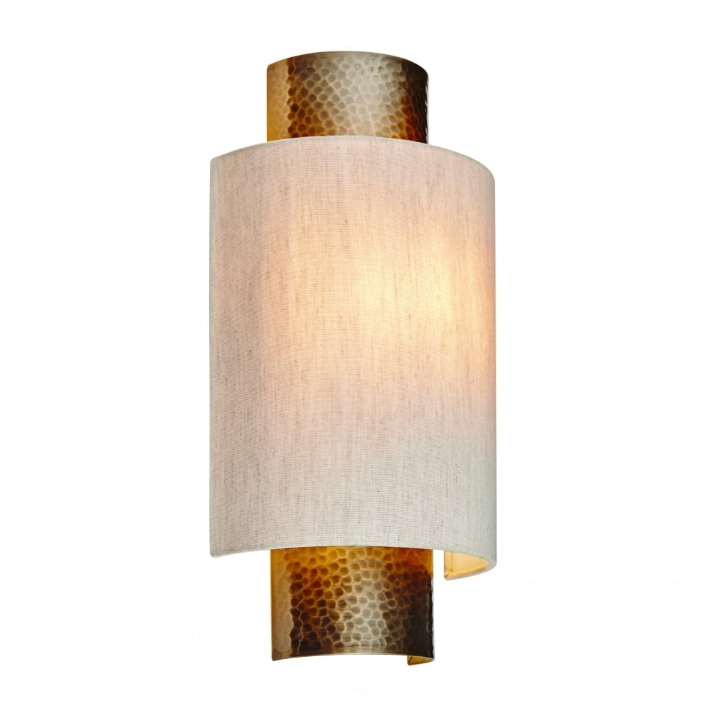 Indara Single Wall Light In Hammered Bronze Effect Plate With Natural Linen Shade 71308