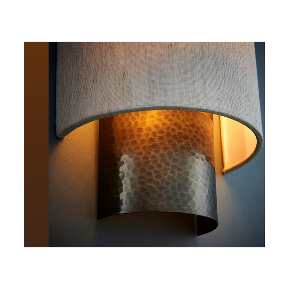 Indara Single Wall Light In Hammered Bronze Effect Plate With Natural Linen Shade 71308