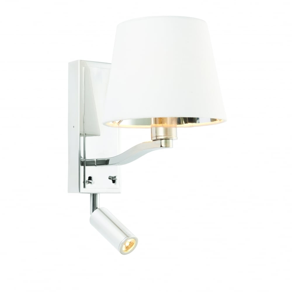 Harvey Wall Light With Spot Light In Bright Nickel Finish With White Faux Silk Shade 73027