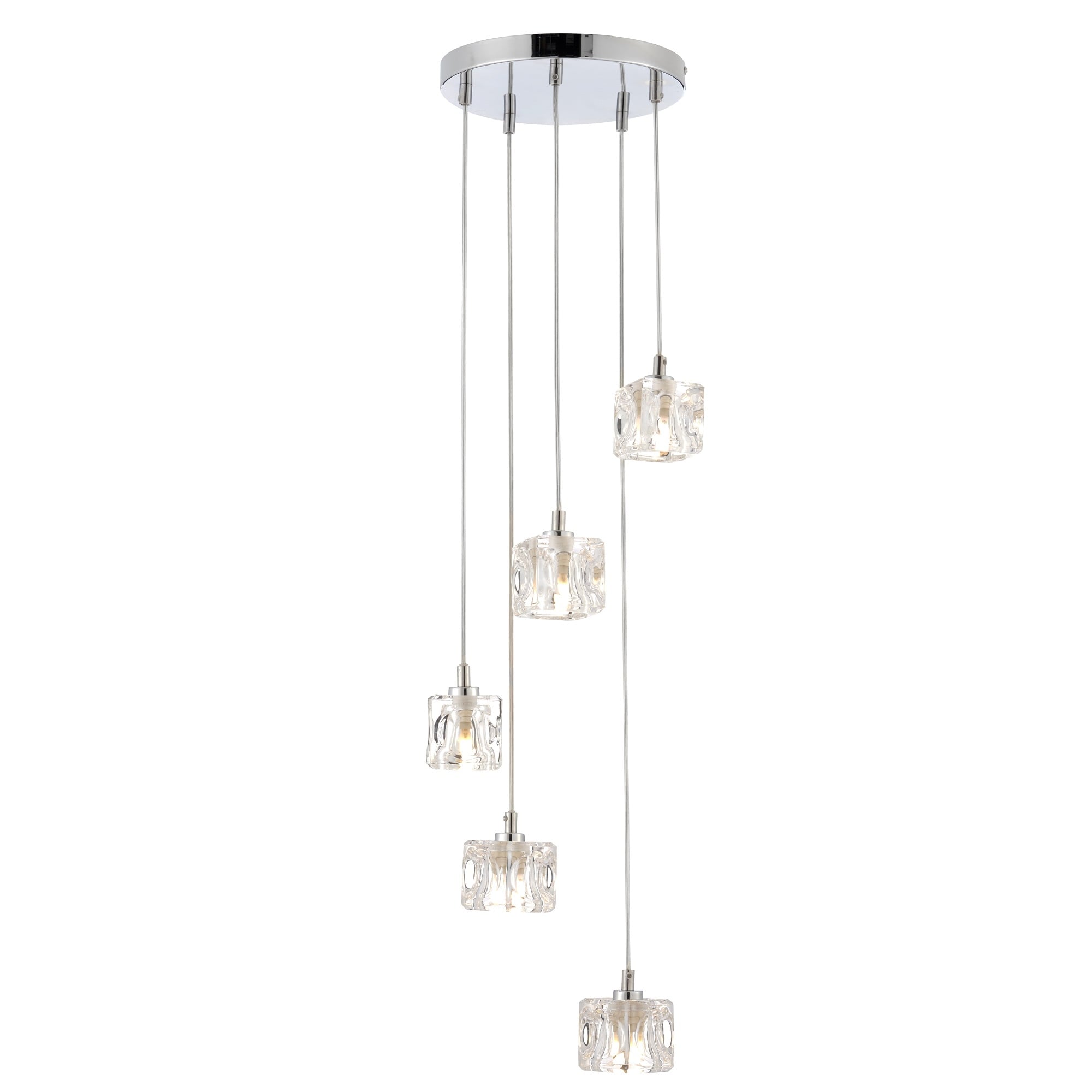 Modern Five Light Ice Cube Spiral Cluster Ceiling Pendant Light In Chrome Finish