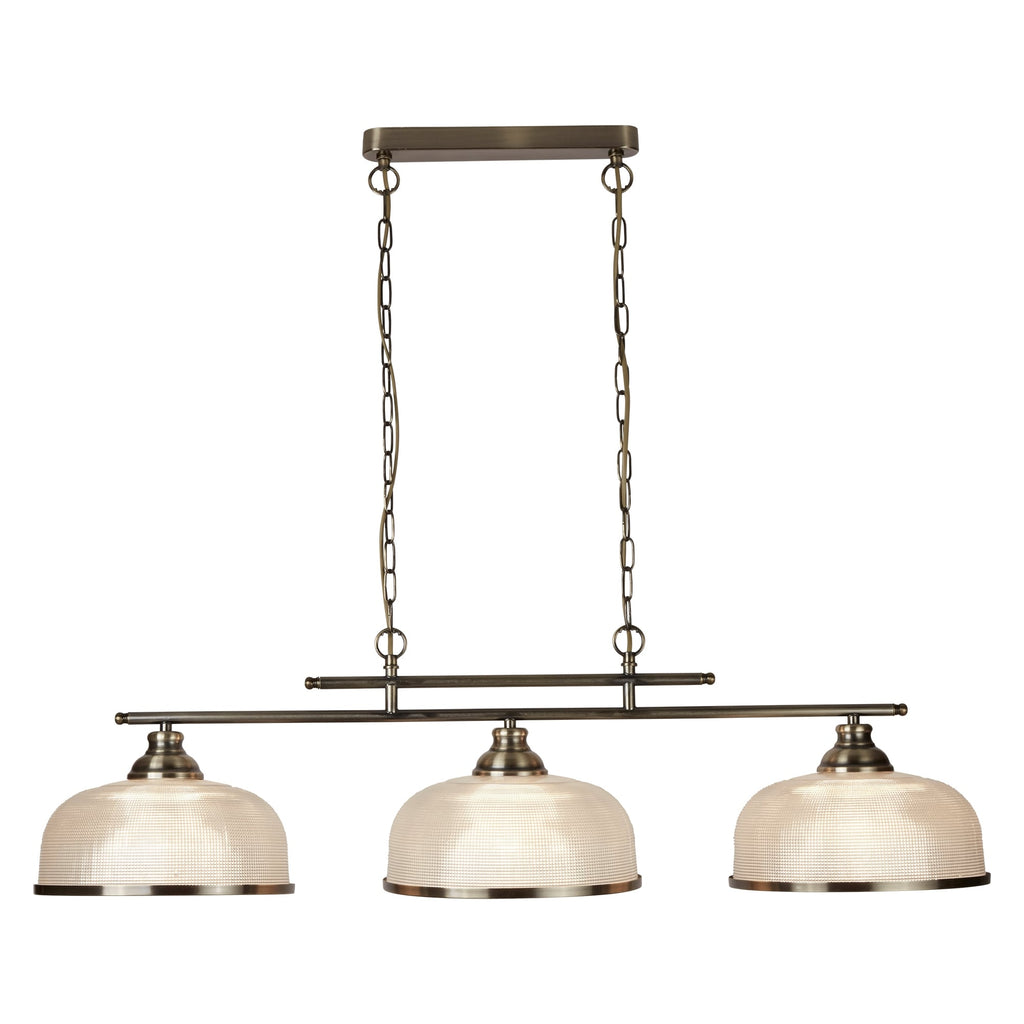 Bistro II Classic 3 Light Ceiling Bar Pendant In Antique Brass With Glass Shades 3593-3AB