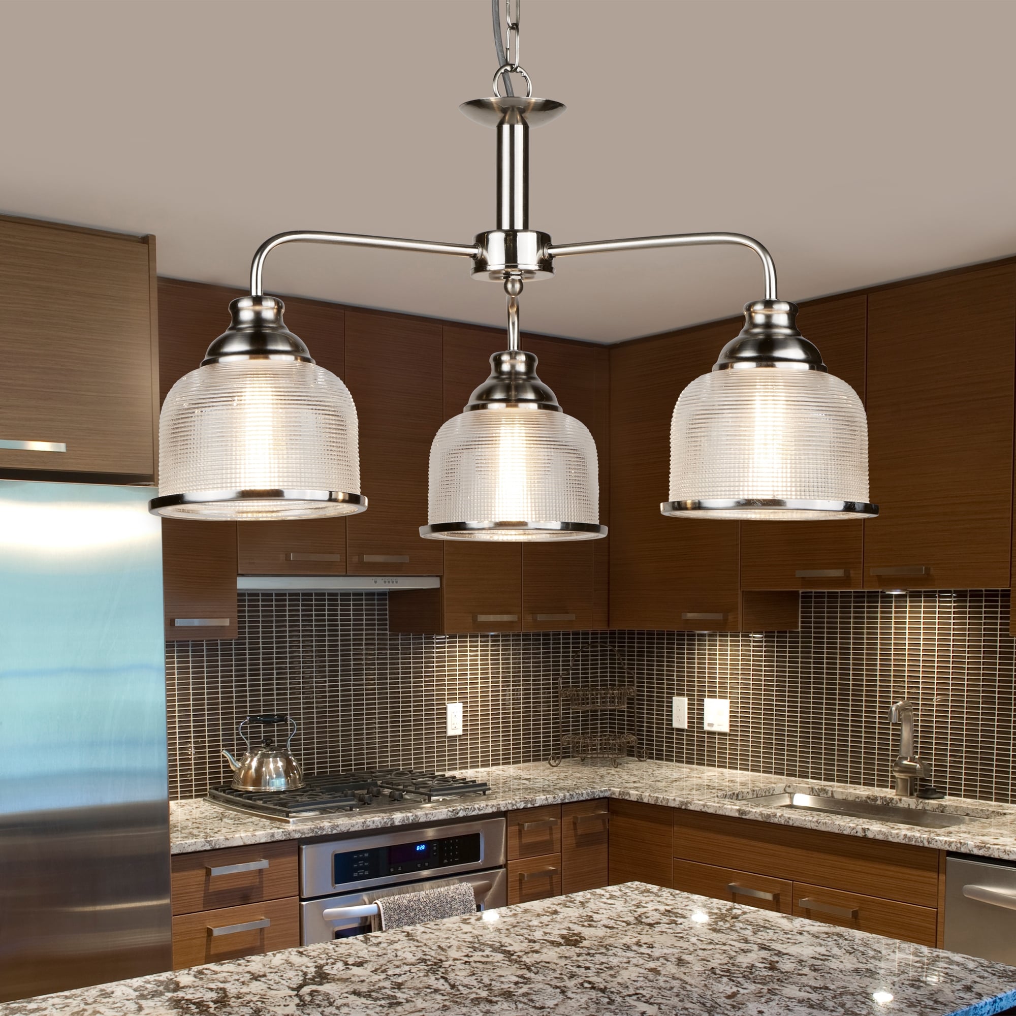 Bistro II Classic 3 Light Ceiling Pendant In Satin Silver Finish With Glass Shades 1683-3SS