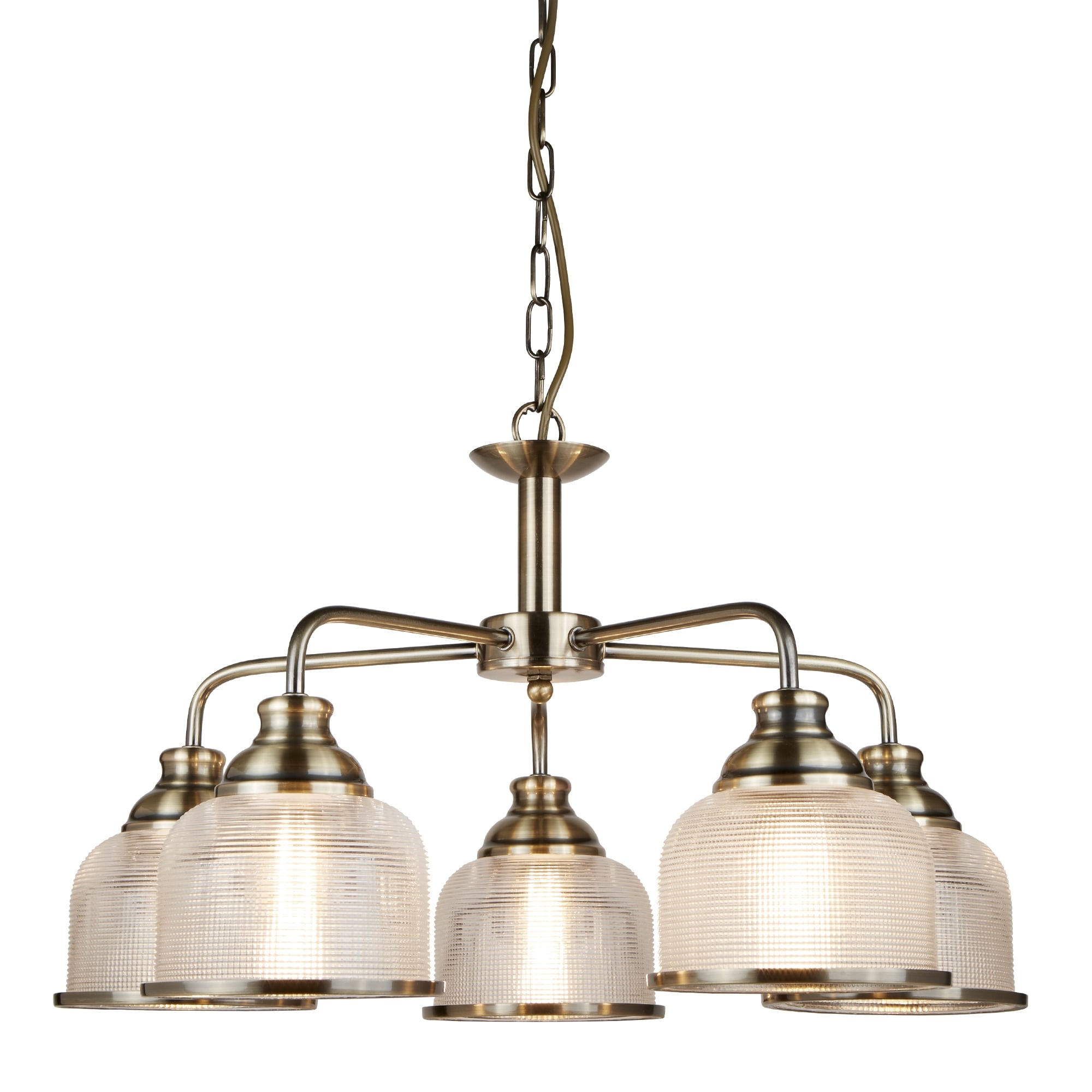 Bistro II Classic 5 Light Ceiling Pendant In Antique Brass With Glass Shades 1685-5AB