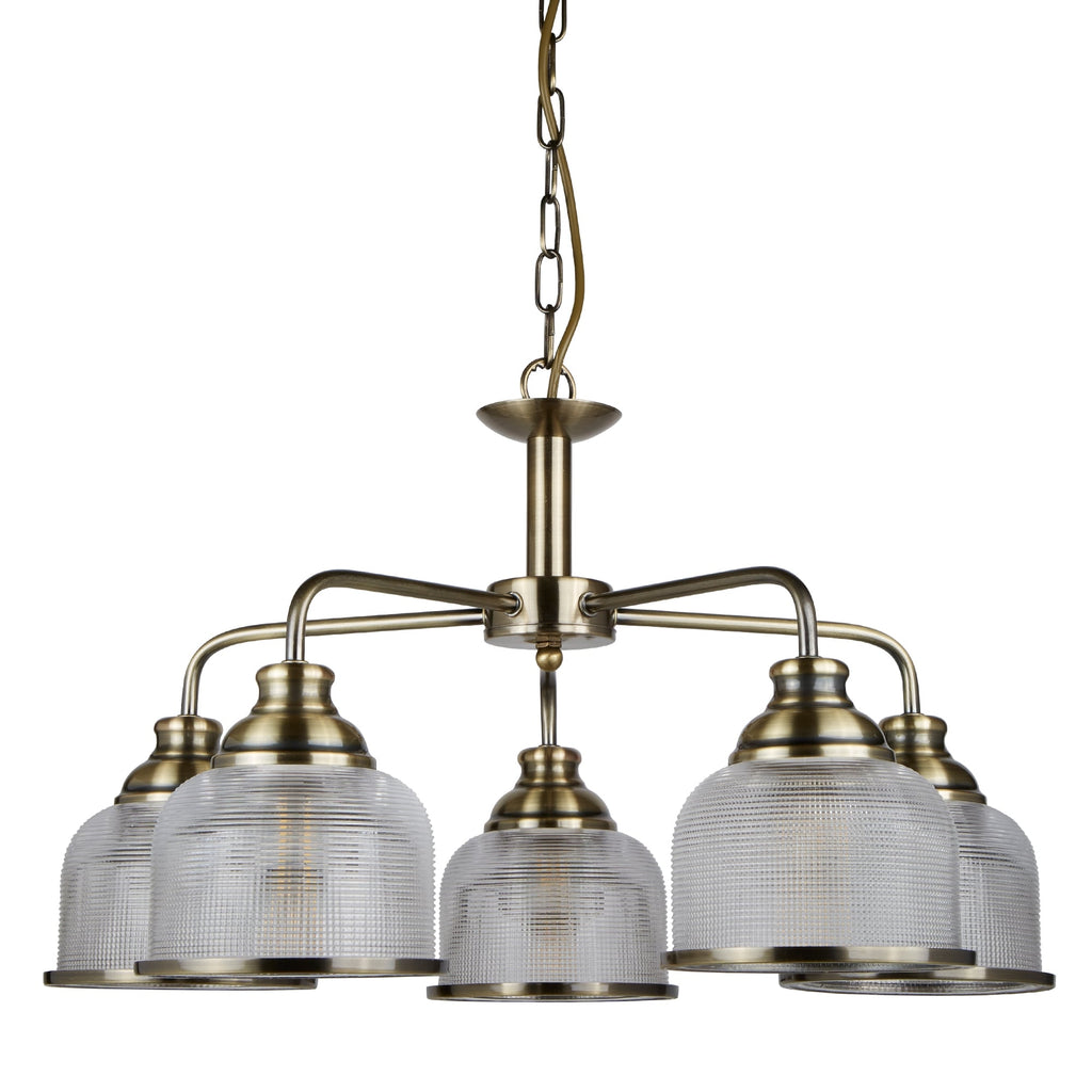 Bistro II Classic 5 Light Ceiling Pendant In Antique Brass With Glass Shades 1685-5AB
