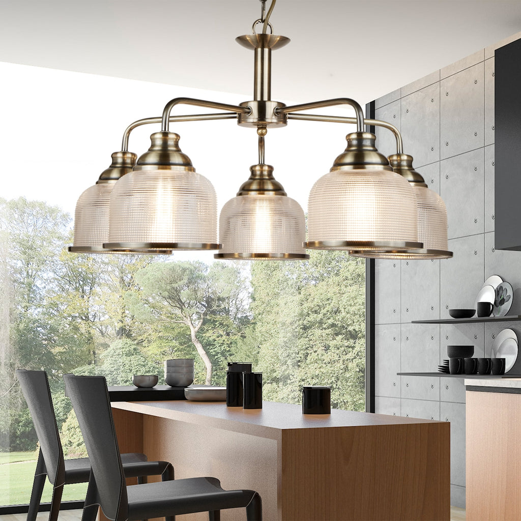 Bistro II Classic 5 Light Ceiling Pendant In Antique Brass With Glass Shades 1685-5AB