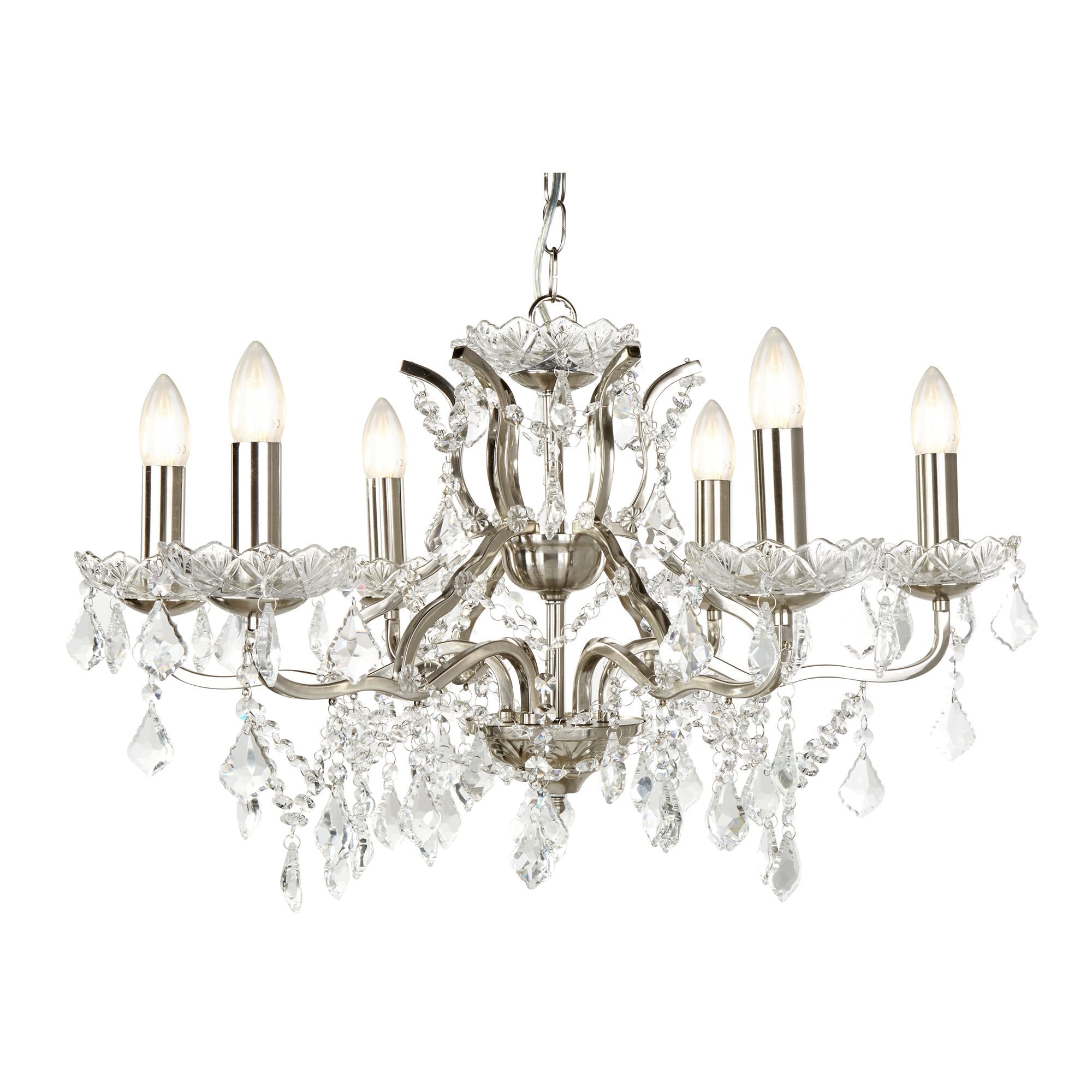 Paris Classic 6 Light Ceiling Chandelier In Satin Silver With Crystal Glass 8736-6SS