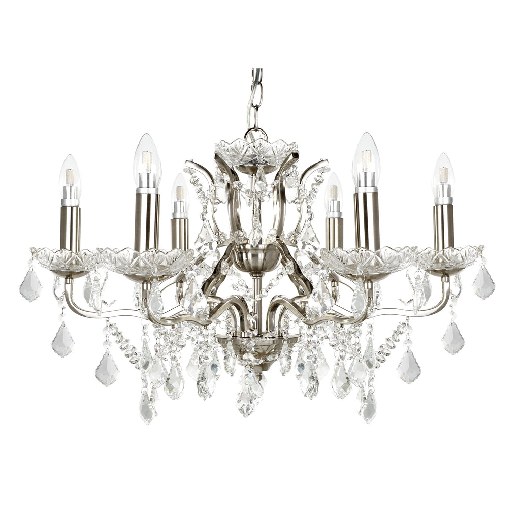 Paris Classic 6 Light Ceiling Chandelier In Satin Silver With Crystal Glass 8736-6SS