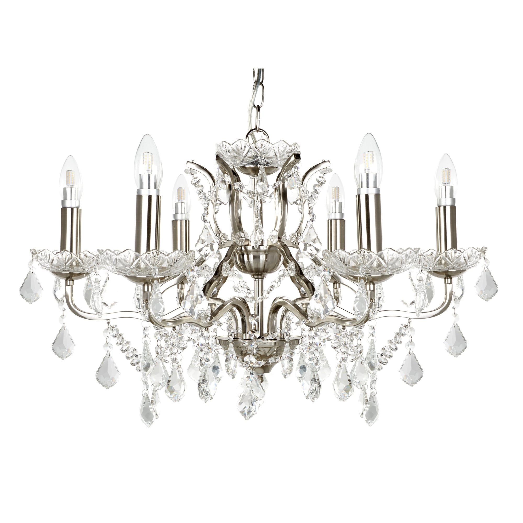 Paris Classic 6 Light Ceiling Chandelier In Satin Silver With Crystal Glass 8736-6SS