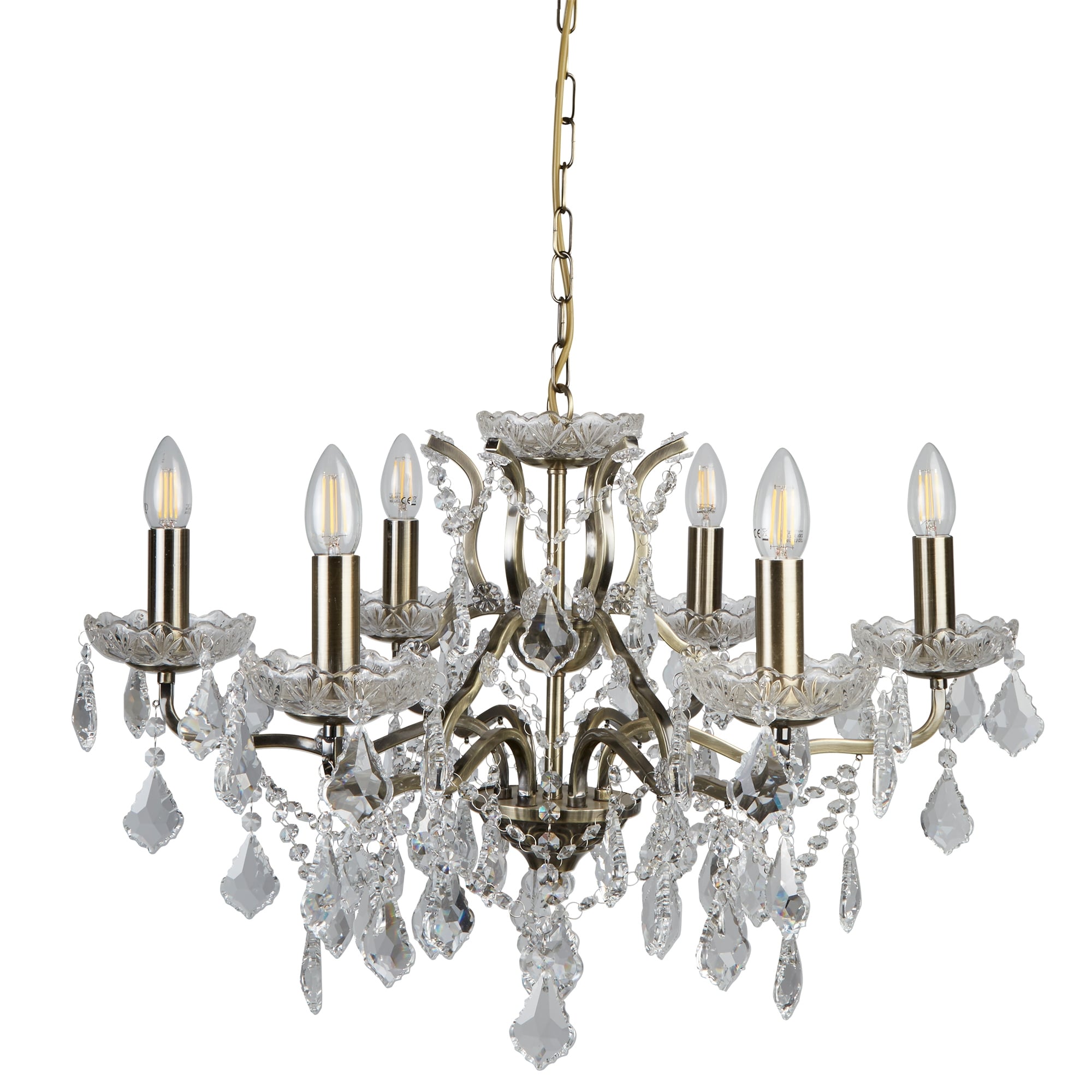 Paris Classic 6 Light Ceiling Chandelier In Antique Brass With Crystal Glass 8736-6AB