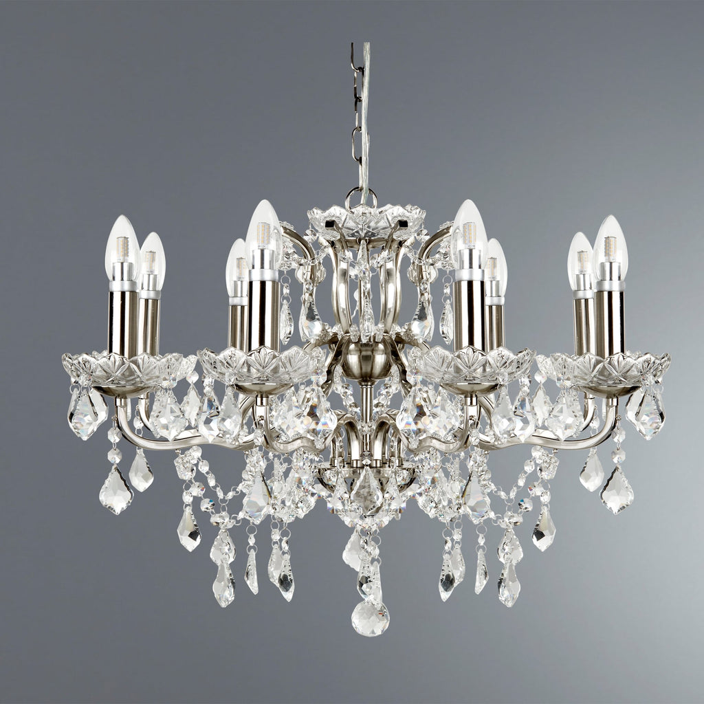 Paris Classic 8 Light Ceiling Chandelier In Satin Silver With Crystal Glass 8738-8SS