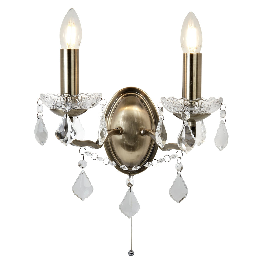 Paris Classic 2 Light Wall Light In Antique Brass With Crystal Glass 8732-2AB