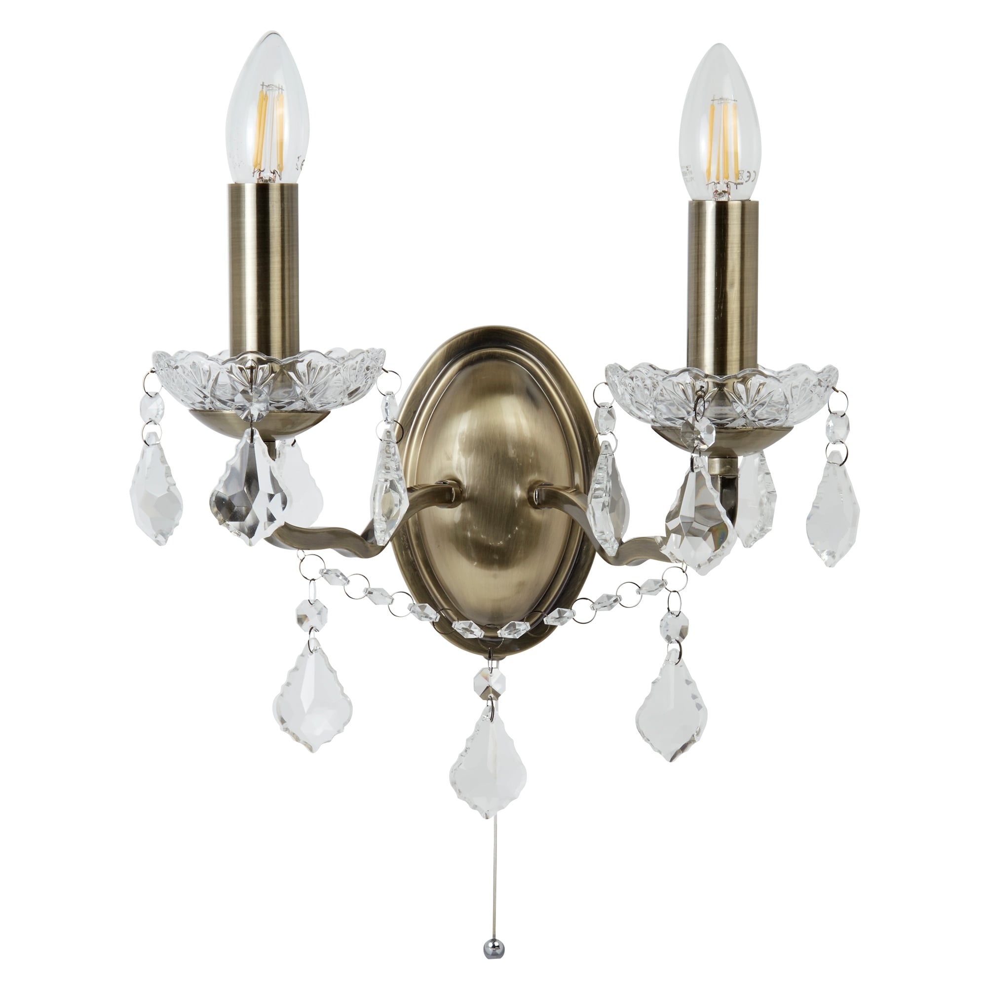 Paris Classic 2 Light Wall Light In Antique Brass With Crystal Glass 8732-2AB