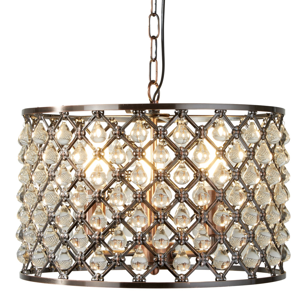 Marquise Three Light Drum Crystal Ceiling Pendant Light In Antique Copper 7813-3CU