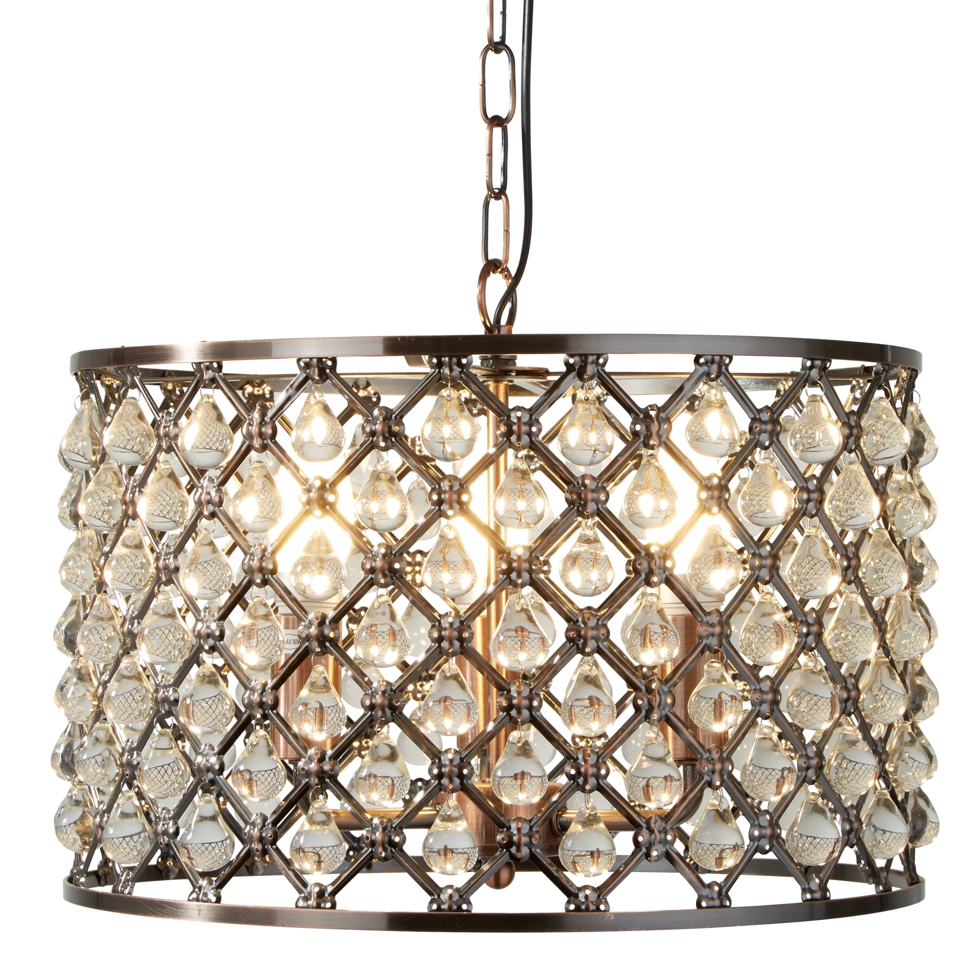 Marquise Three Light Drum Crystal Ceiling Pendant Light In Antique Copper 7813-3CU