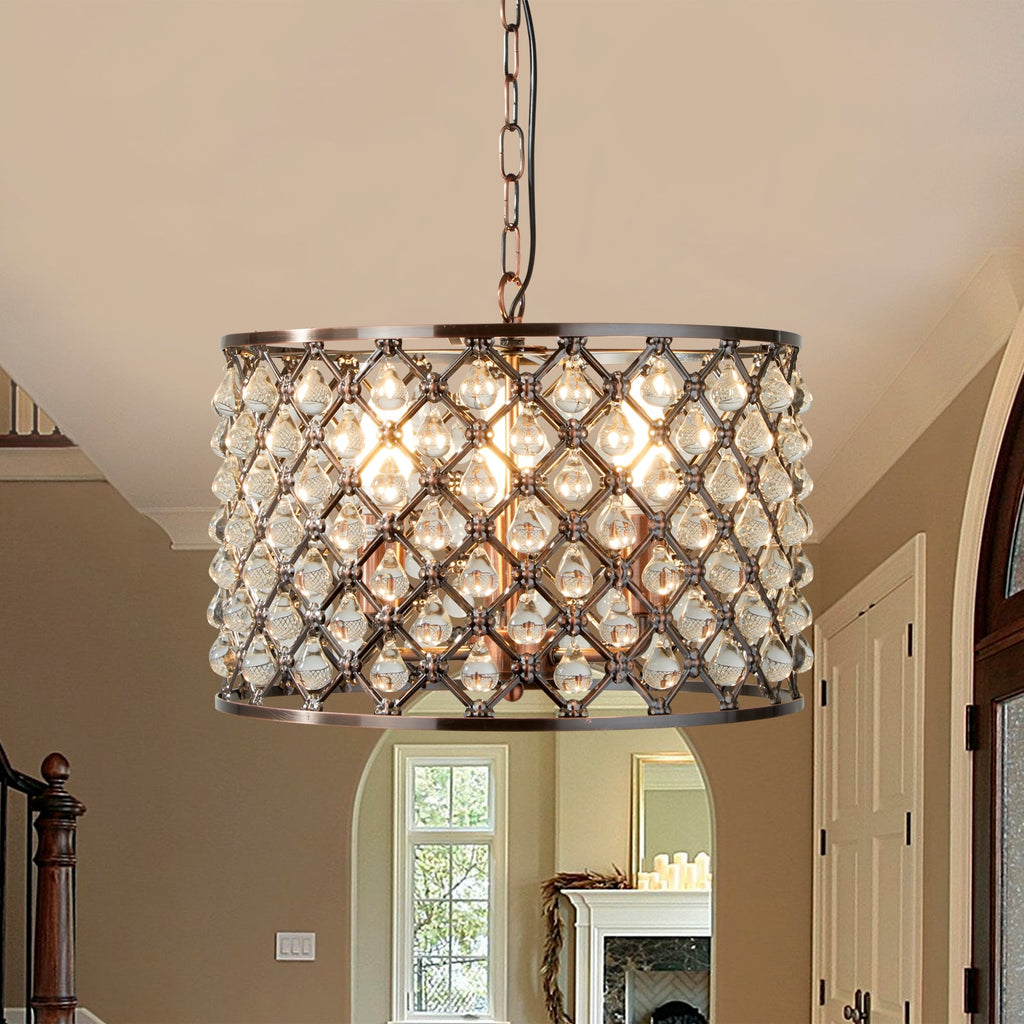 Marquise Three Light Drum Crystal Ceiling Pendant Light In Antique Copper 7813-3CU