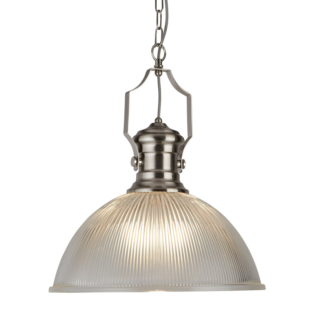 Industrial Single Ceiling Pendant In Satin Silver With Ribbed Glass Shade 4701SS