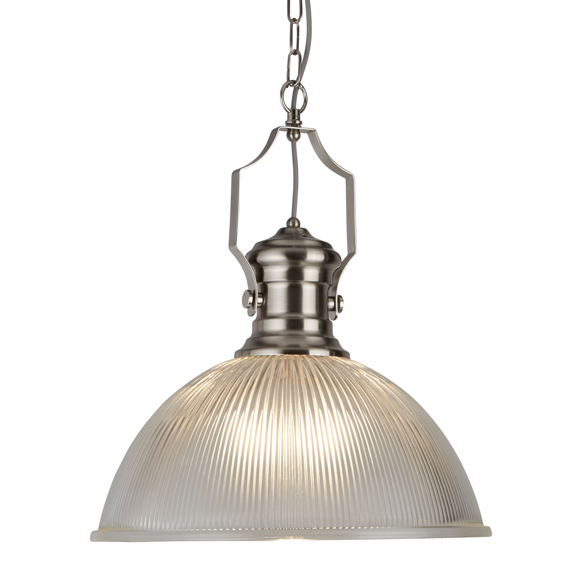 Industrial Single Ceiling Pendant In Satin Silver With Ribbed Glass Shade 4701SS