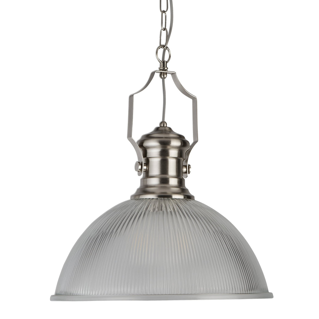 Industrial Single Ceiling Pendant In Satin Silver With Ribbed Glass Shade 4701SS