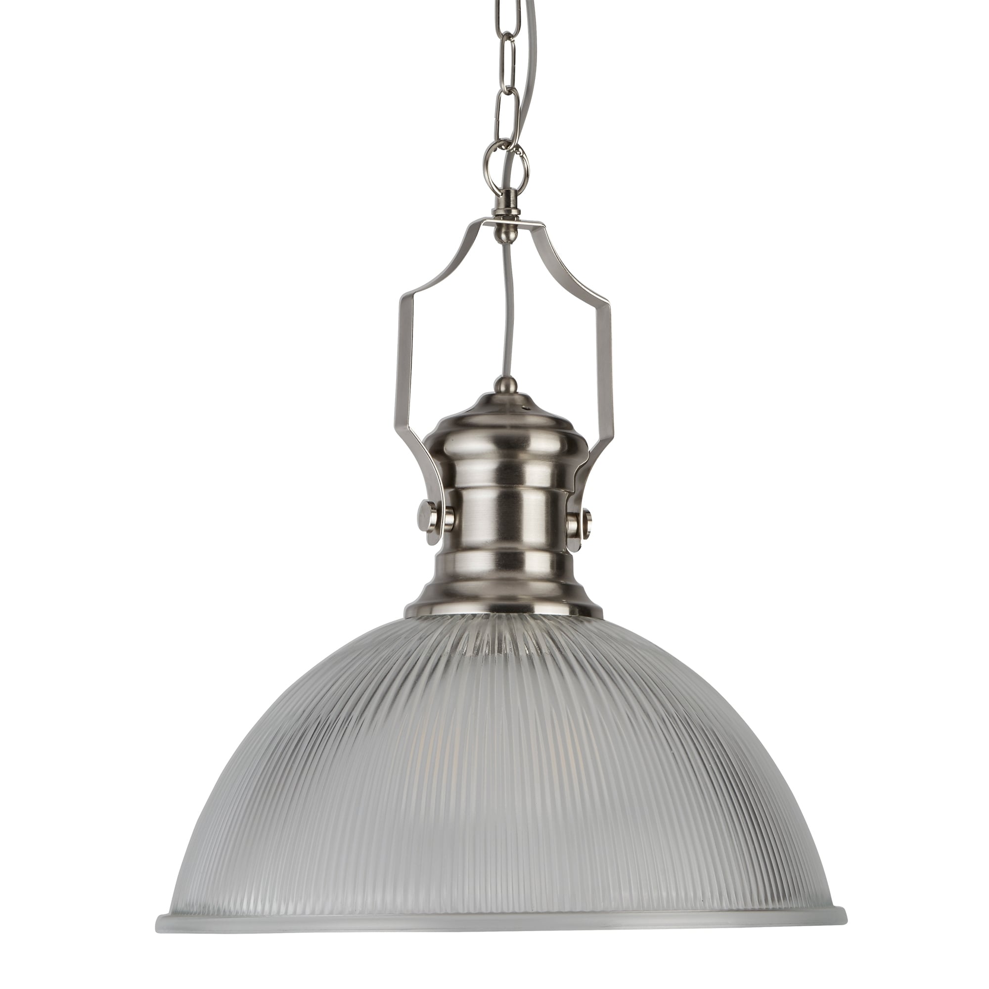Industrial Single Ceiling Pendant In Satin Silver With Ribbed Glass Shade 4701SS