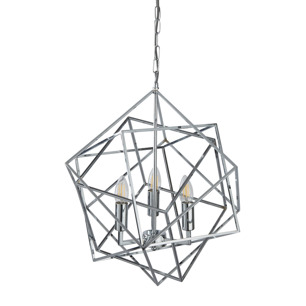 Cube Geometric Frame 3 Light Ceiling Pendant In Chrome Finish 7863-3CC