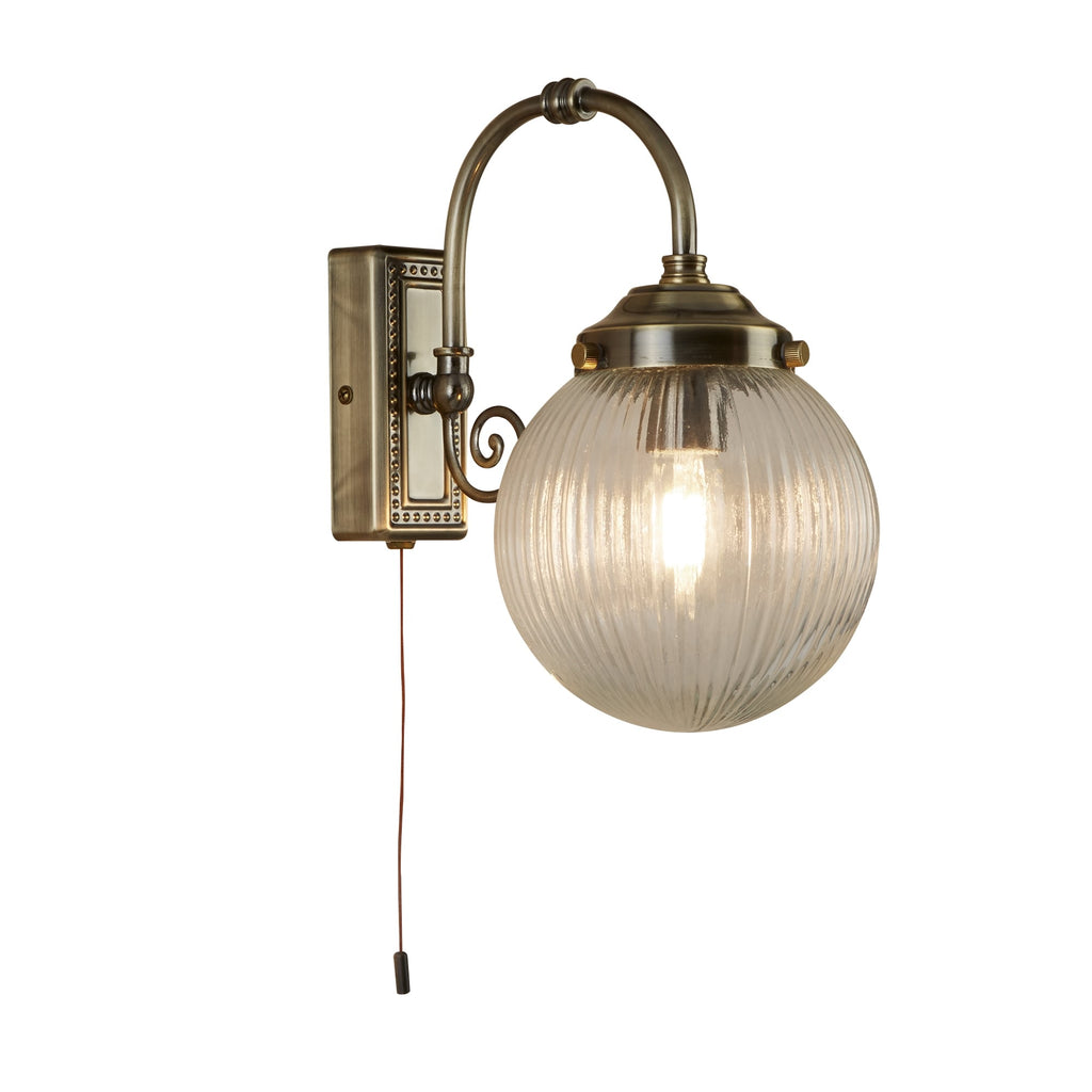 Belvue Bathroom LED Single Wall Light In Antique Brass With Ribbed Glass Shade 3259AB