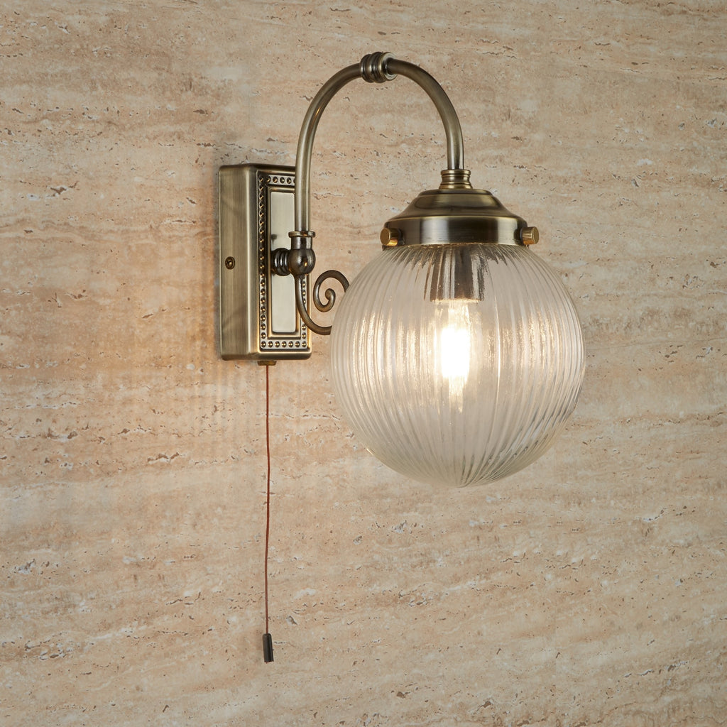 Belvue Bathroom LED Single Wall Light In Antique Brass With Ribbed Glass Shade 3259AB