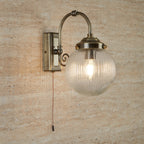 Belvue Bathroom LED Single Wall Light In Antique Brass With Ribbed Glass Shade 3259AB