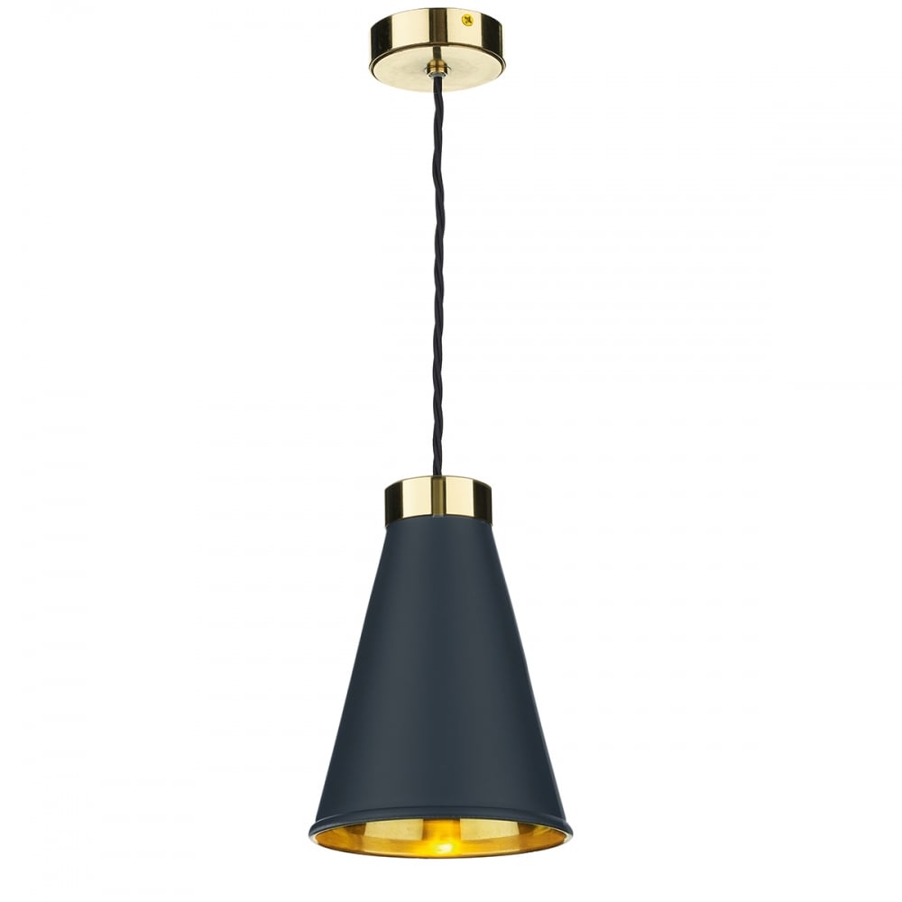 Hyde Modern Single Ceiling Pendant Light In Smoke Blue And Polished Brass Finish HYD0123