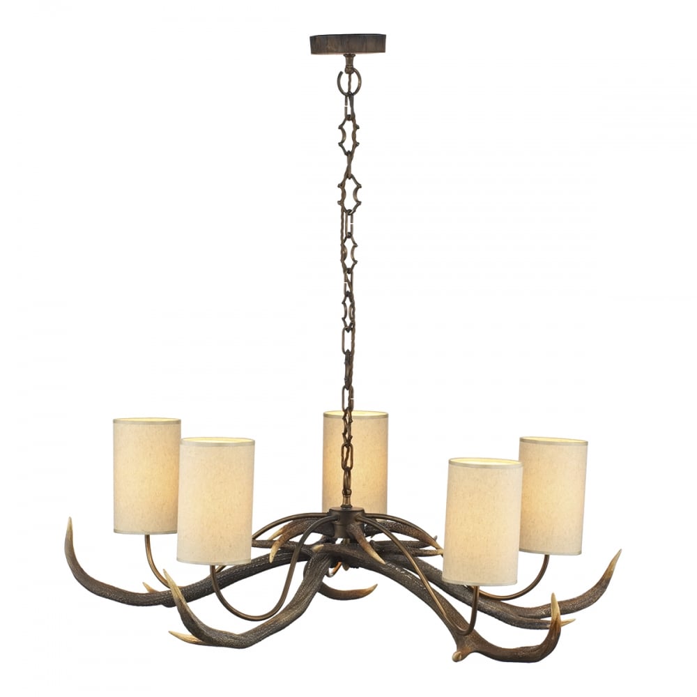 Antler 5 Light Ceiling Pendant Light In Highland Rustic Finish With Shades ANT0529S