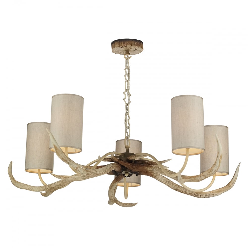 Antler 5 Light Bleached Ceiling Pendant Light With Cream Shades ANT0549