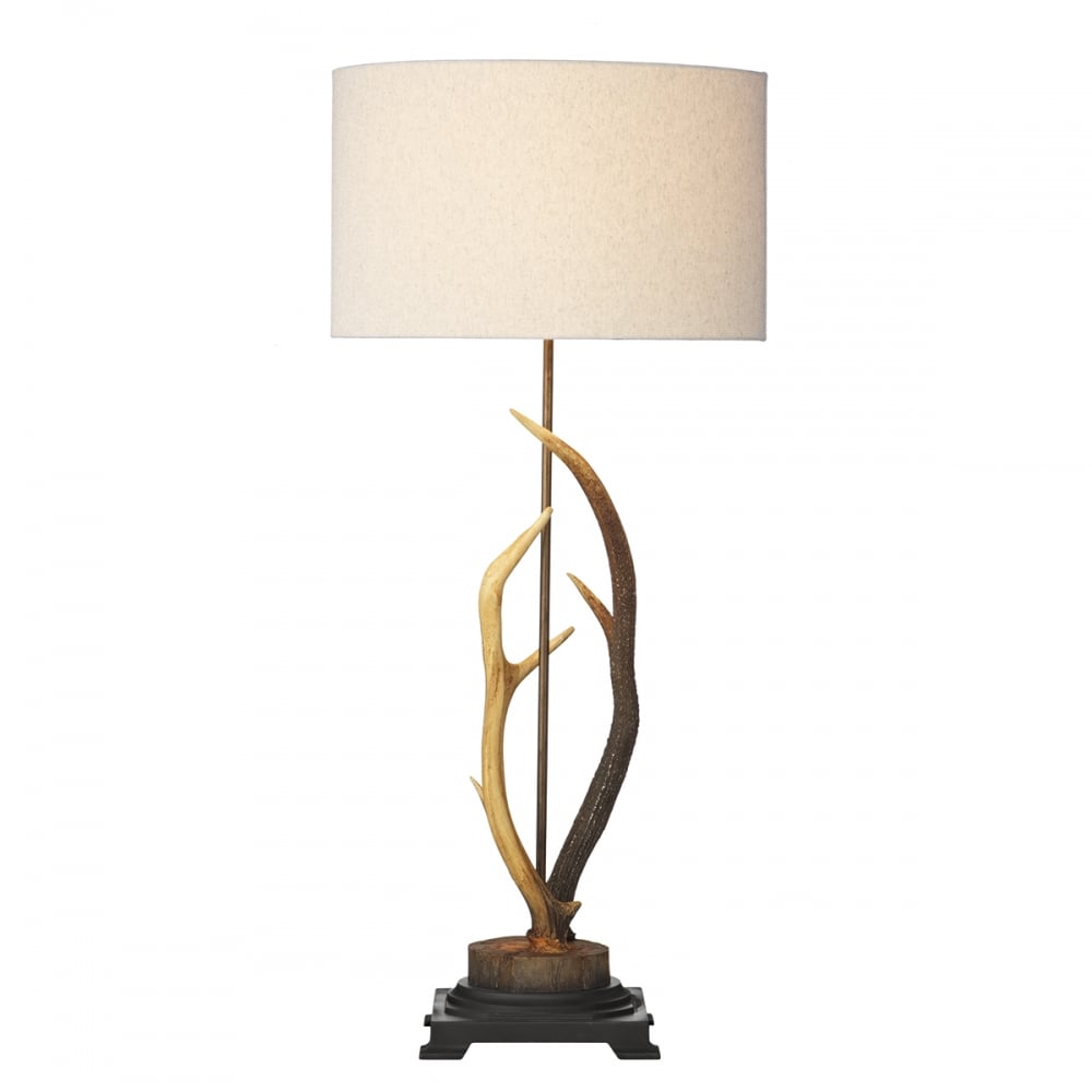 Antler Table Lamp In Highland Rustic With Cream Fabric Shade ANT4229