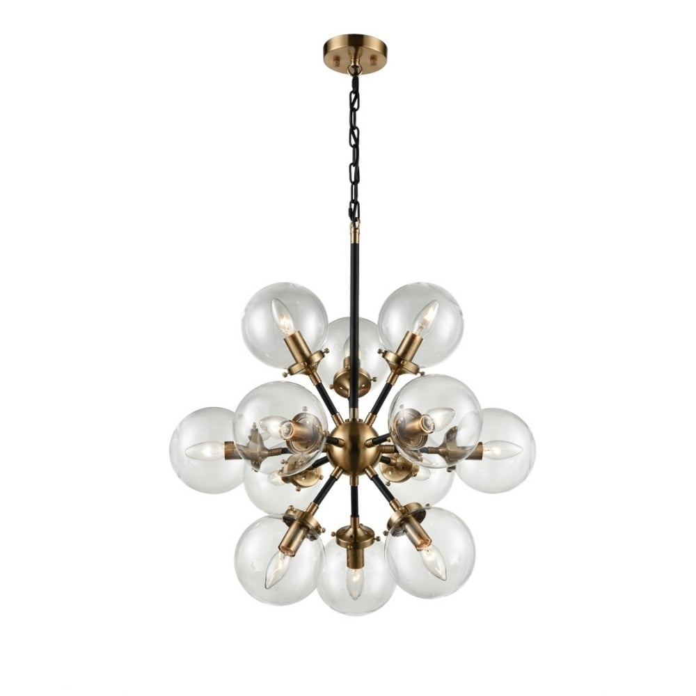 Modern 12 Light Ceiling Pendant In Black And Antique Gold With Glass Shades FL2370/12