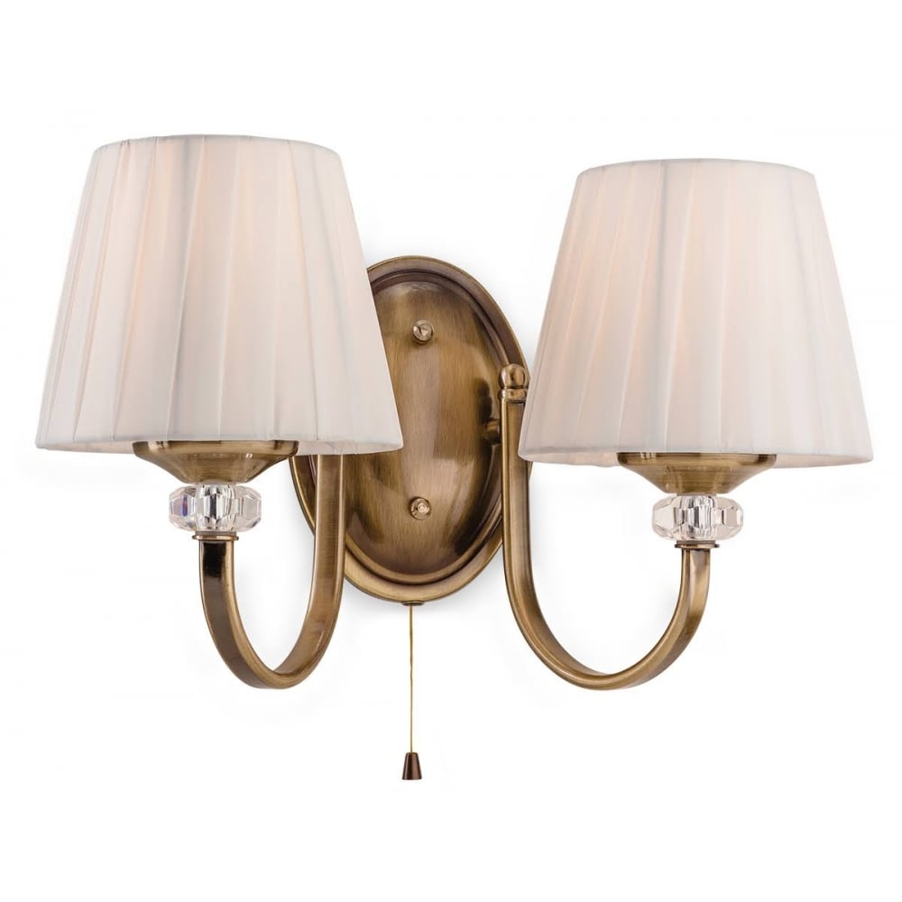 Langham Stylish Twin Wall Light In Antique Brass With Cream Shades 4862AB