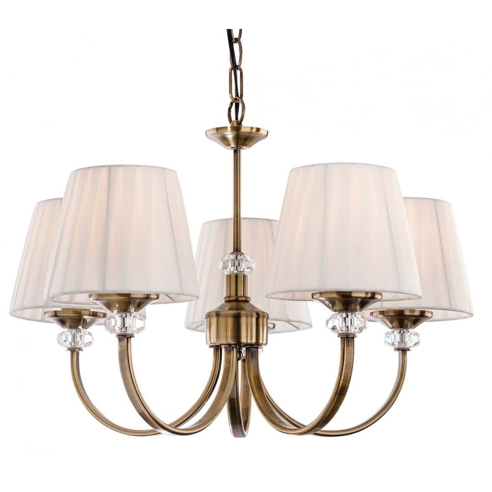 Langham Stylish 5 Light Ceiling Chandelier In Antique Brass With Cream Shades 4863AB