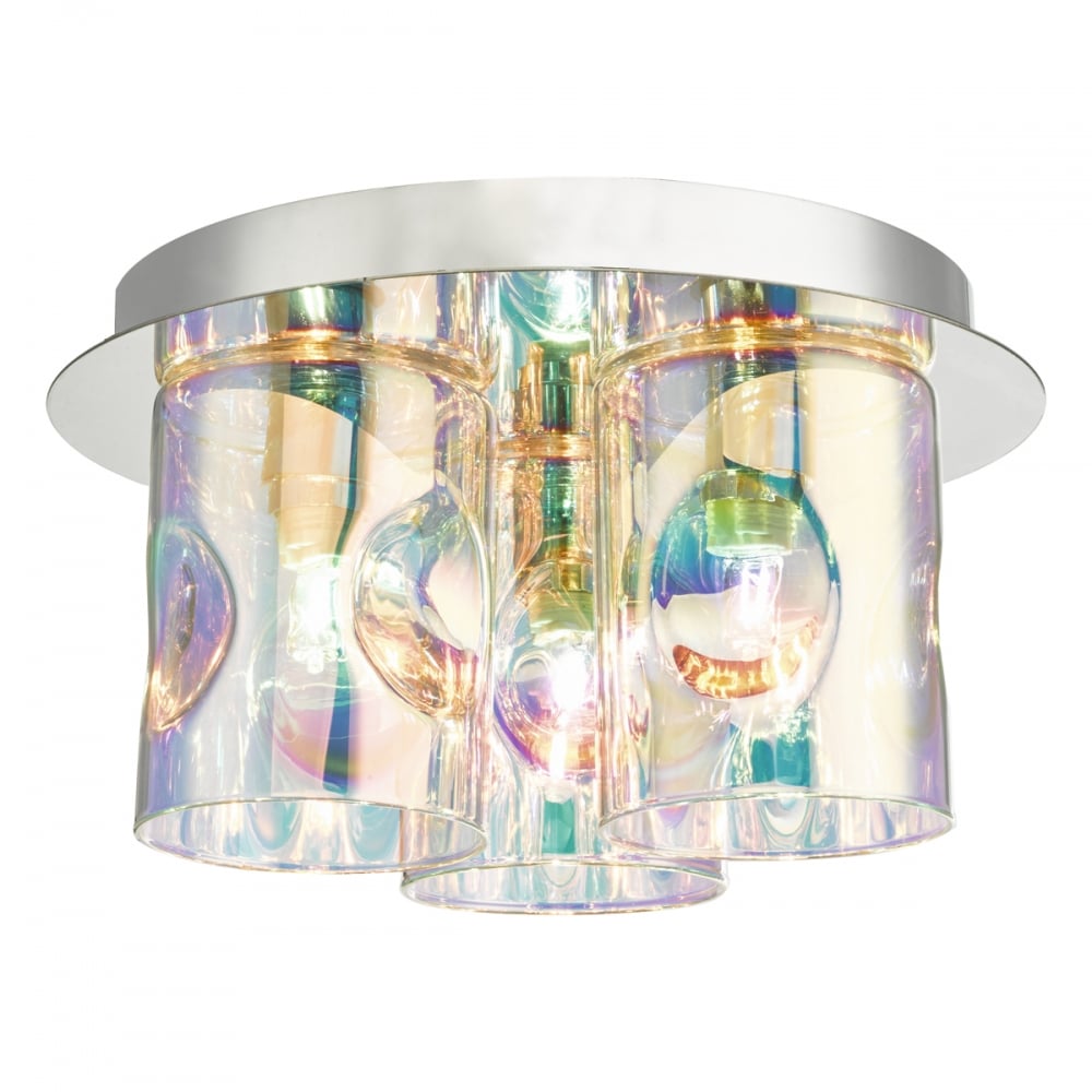 Inter 3 Light Flush Ceiling Light In Polished Chrome Finish With Iridised Glass INT5350