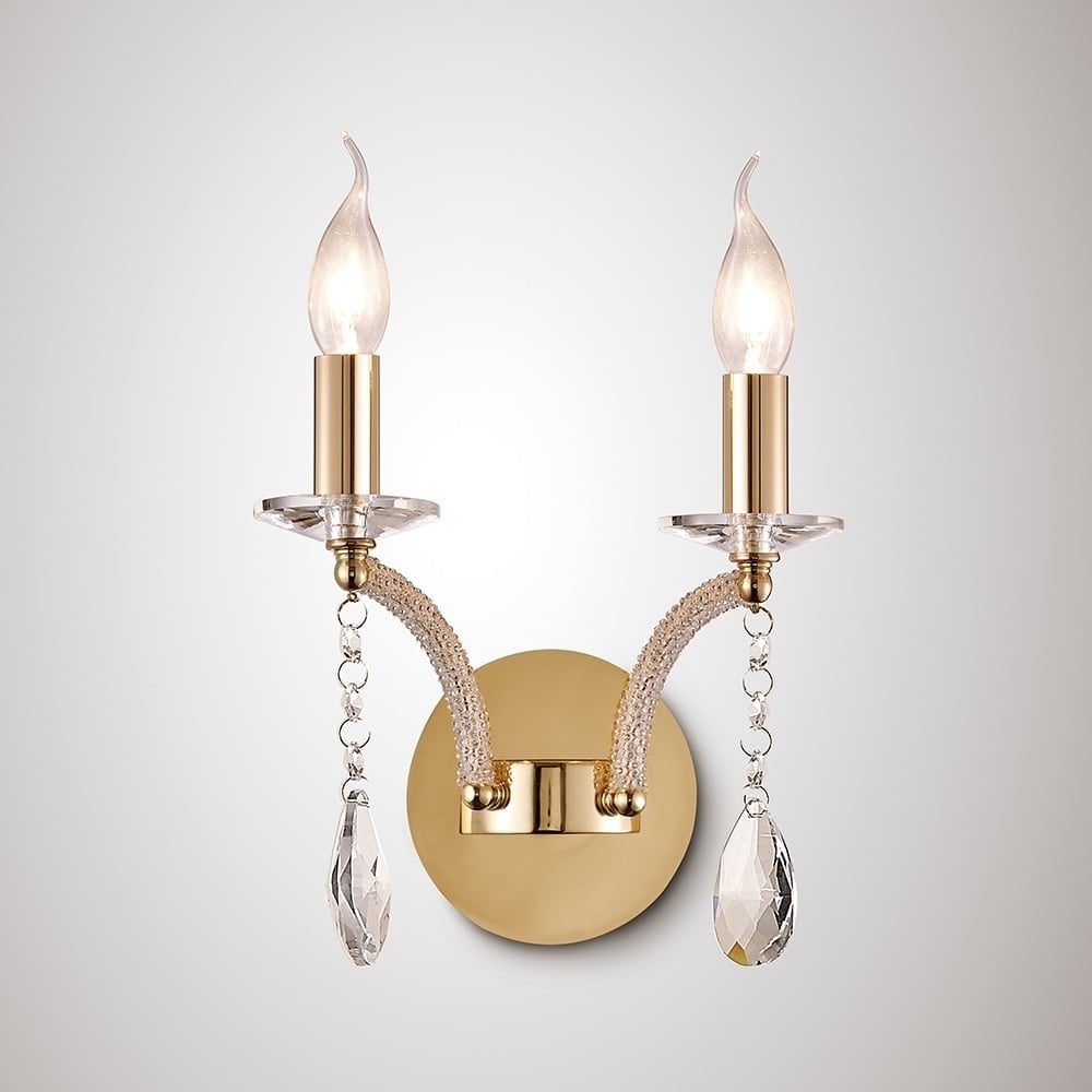 Flore Twin Wall Light In French Gold Finish With Crystals IL32362