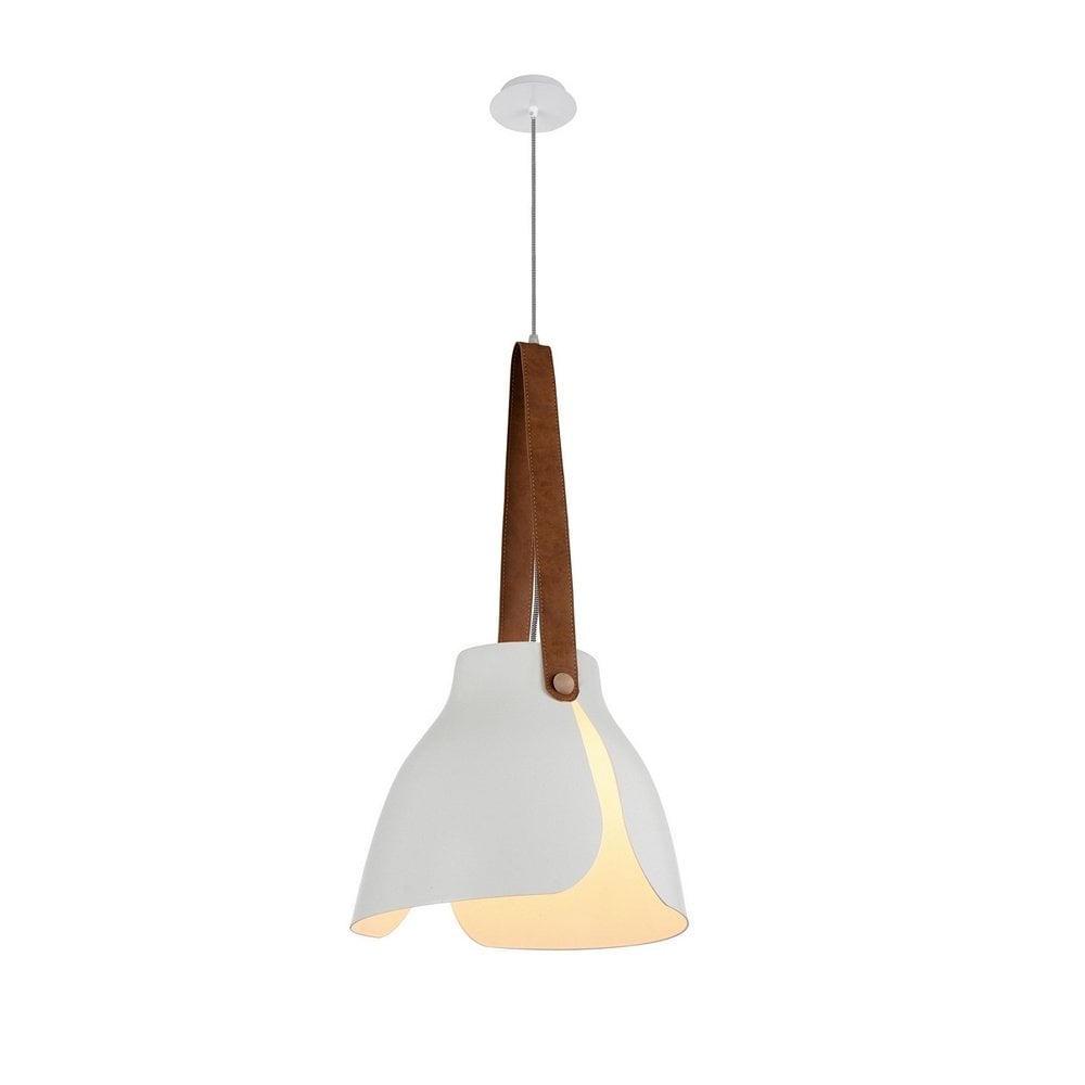 Swiss Modern Large Ceiling Pendant In White Finish With Brown Leather Detail M5602