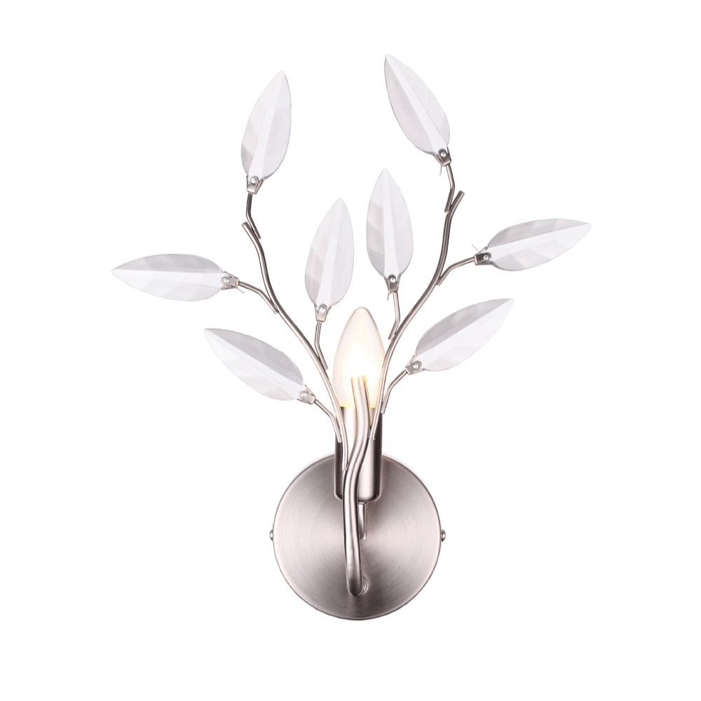 Willow Stylish Single Wall Light In Satin Silver Finish with Clear Leaf