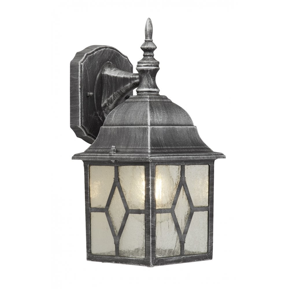 Traditional Leaded Style Glass Outdoor Wall Lantern Light in a Black silver Finish