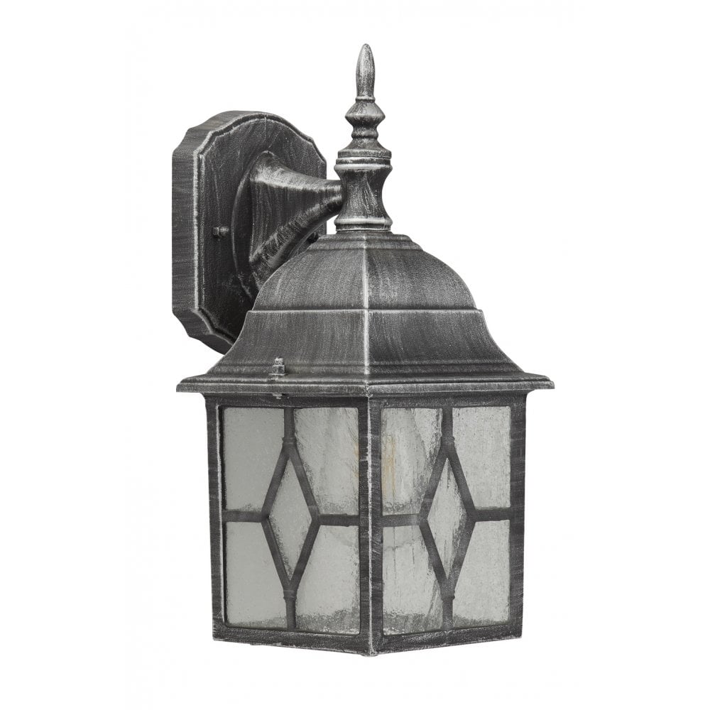 Traditional Leaded Style Glass Outdoor Wall Lantern Light in a Black silver Finish