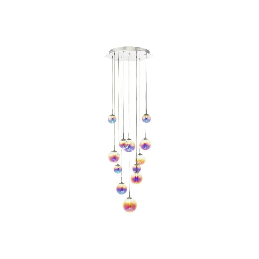 Cesario Decorative 12 Light Cluster Ceiling Pendant In Chrome With Iridised Glass CES1250