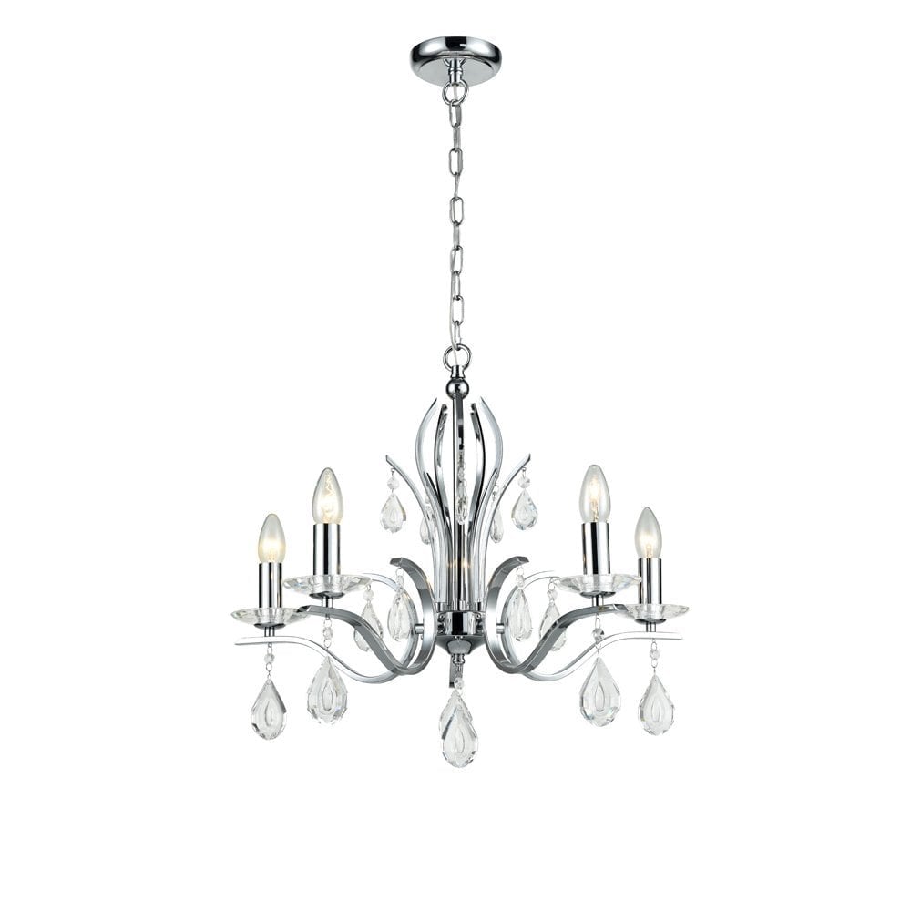 Classic 5 Light Ceiling Chandelier In Polished Chrome Finish With Glass Drops FL2403-5