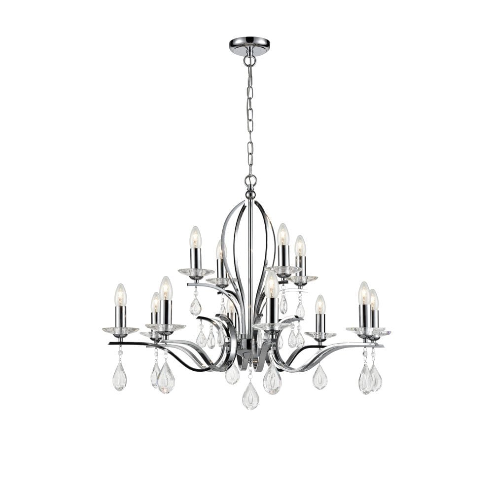 Classic 12 Light Ceiling Chandelier In Polished Chrome Finish With Glass Drops F2403-12