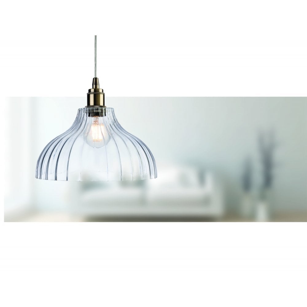 Victory Single Ceiling Pendant Light In Antique Brass Finish With Fluted Glass 7648AB