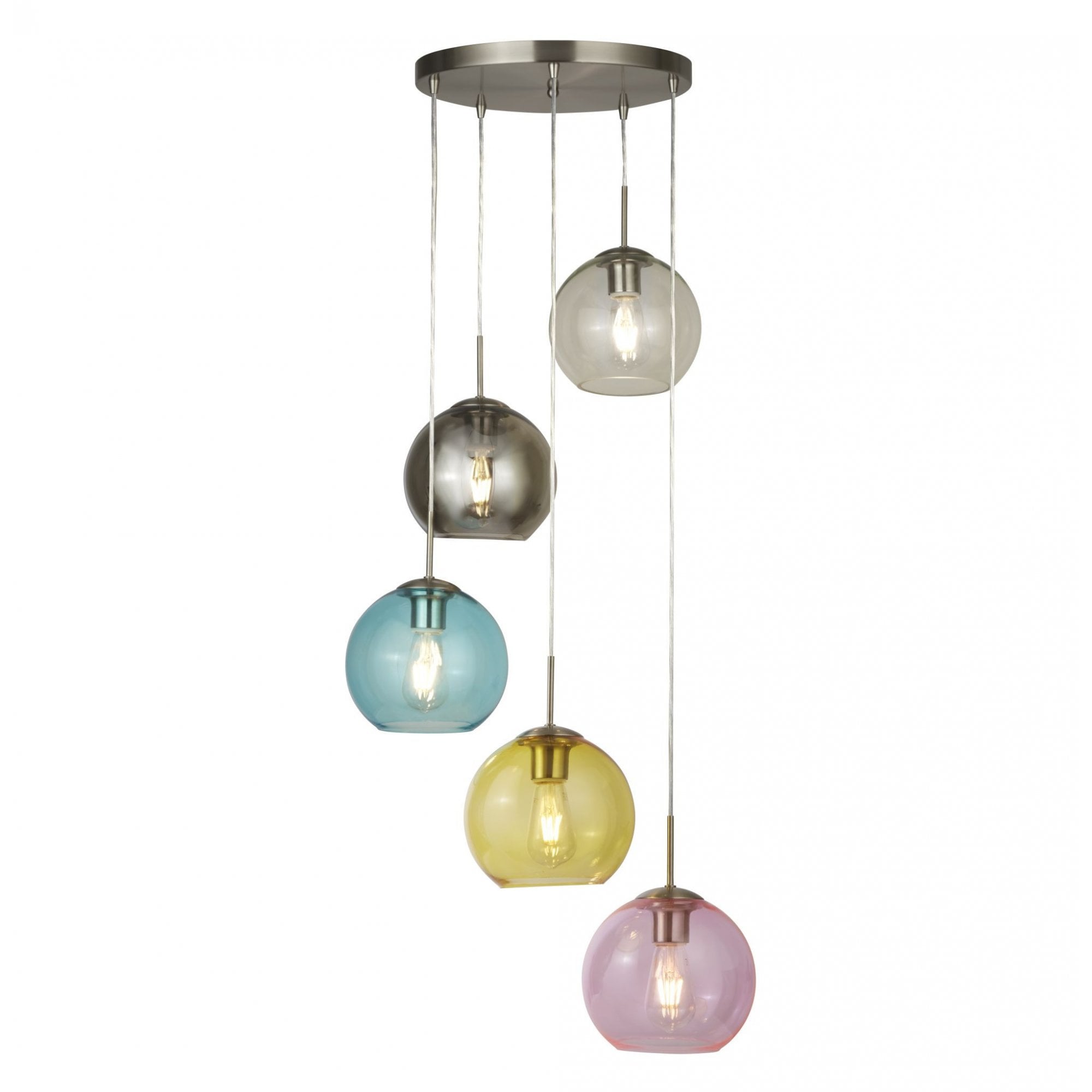 Mardi Gras 5 Light Cluster Ceiling Pendant In Satin Silver With Coloured Glass 8135-5SS