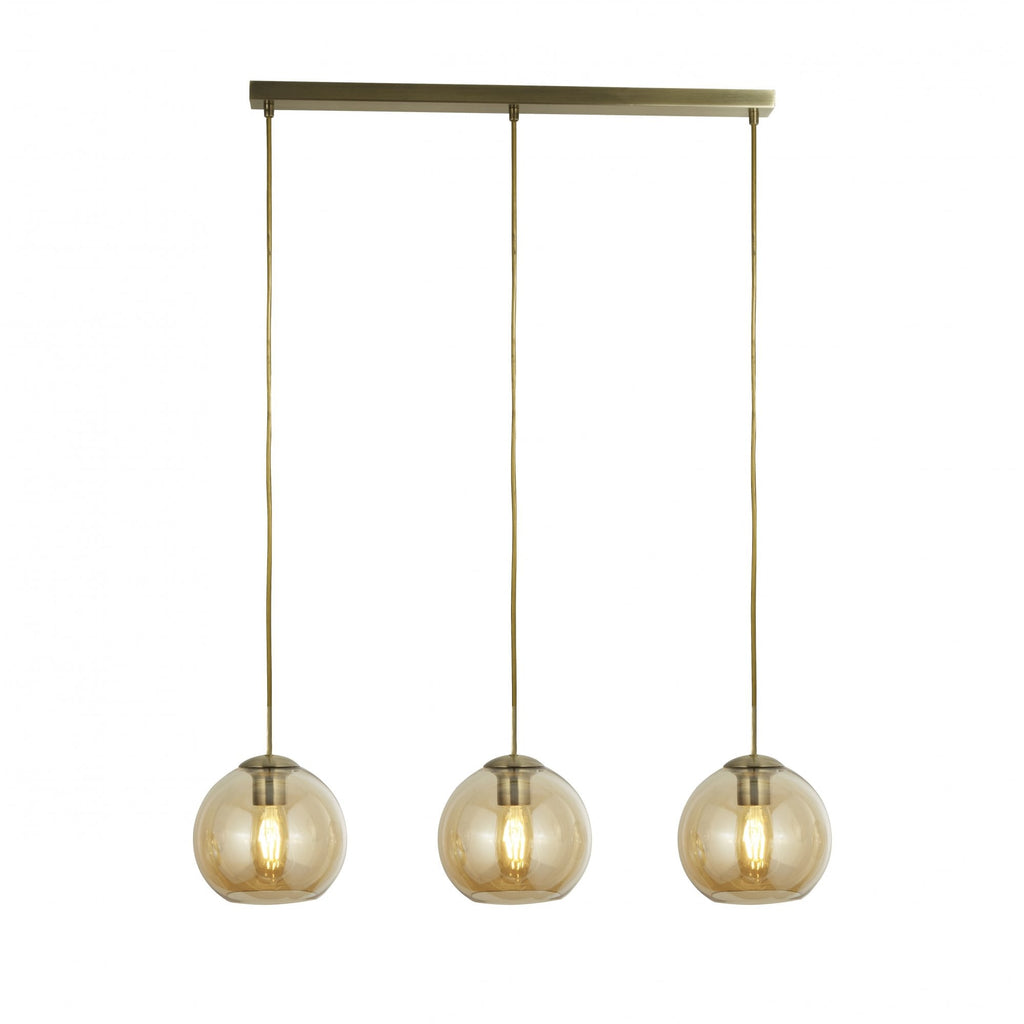 Linear 3 Light Ceiling Pendant In Antique Brass With Amber Glass Shades 1623-3AM