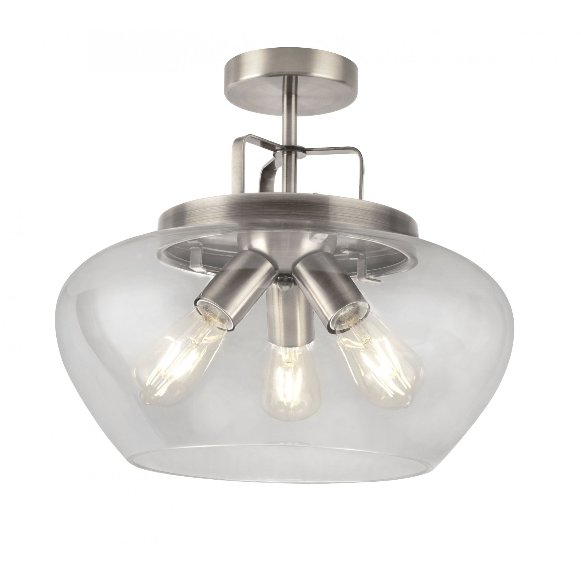 Boule 3 Light Flush Ceiling Light In Satin Silver With Clear Glass Shade 8973-3SS